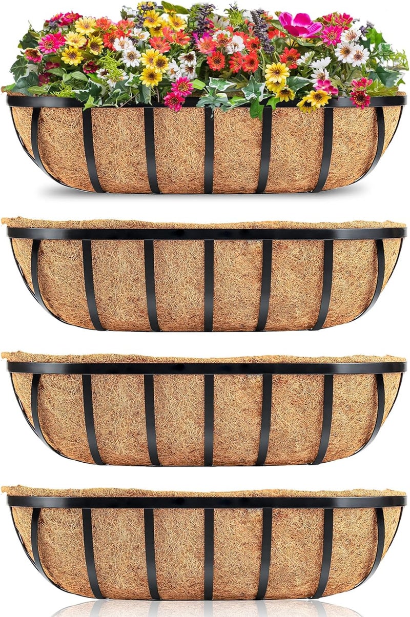 YM Window Boxes Horse Trough with Coconut Coir Liner, 24 Inch Window Deck with Coco Liner, Fence Metal Hanging Flower Planter Basket Deck Railing Planter Boxes (24in 4P) - Image 1